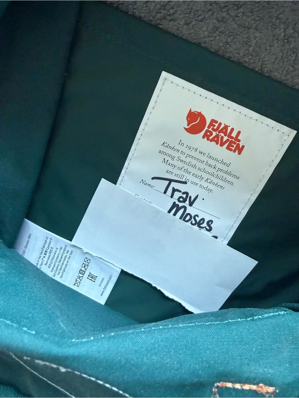Fjällräven Kånken Mini Kids Backpack in Teal with Orange Accents